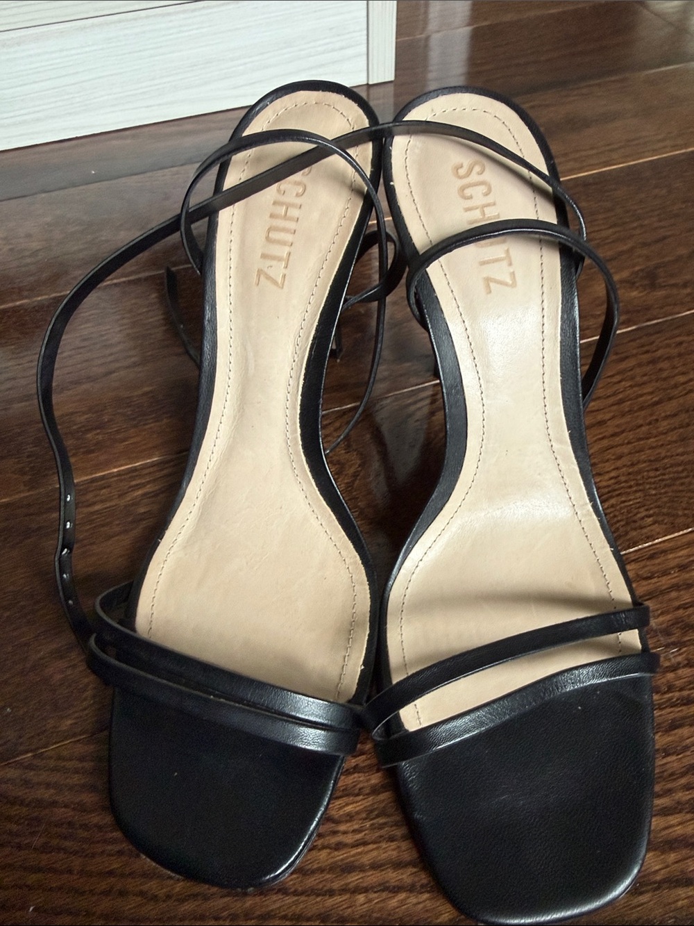 SCHUTZ Black Leather Strappy Sandals